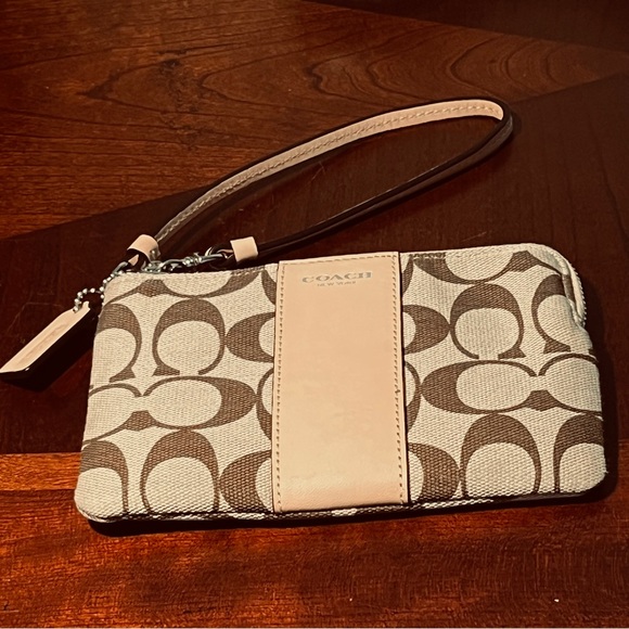 Coach Signature Beige and Brown Wristlet - Picture 3 of 6